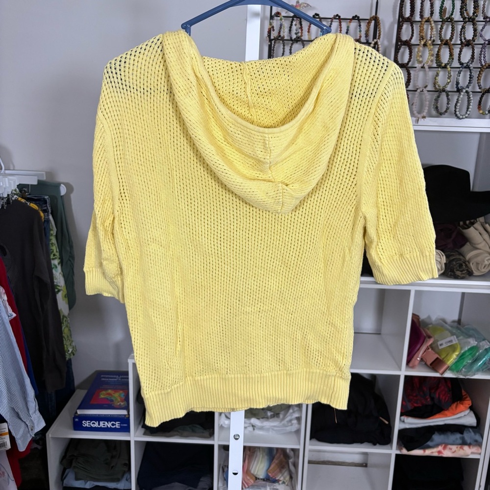 Liz & Co Open Knit Hooded Sweater Butter Yellow Full-zip Size Large Lightweight - Picture 3 of 5